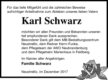 Traueranzeige von Karl Schwarz von Strelitzer Zeitung