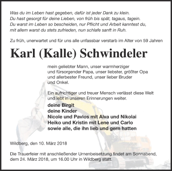 Traueranzeige von Karl Schwindeler von Neubrandenburger Zeitung