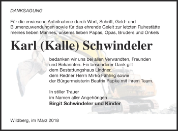 Traueranzeige von Karl Schwindeler von Neubrandenburger Zeitung