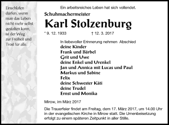 Traueranzeige von Karl Stolzenburg von Müritz-Zeitung