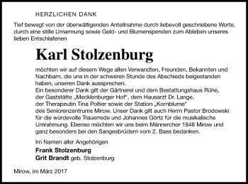 Traueranzeige von Karl Stolzenburg von Müritz-Zeitung