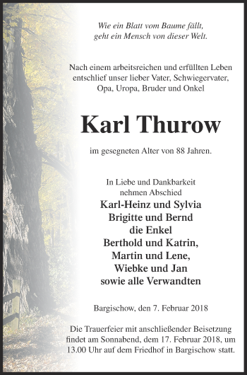 Traueranzeige von Karl Thurow von Vorpommern Kurier