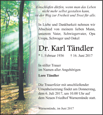 Traueranzeige von Karl Tändler von Mecklenburger Schweiz