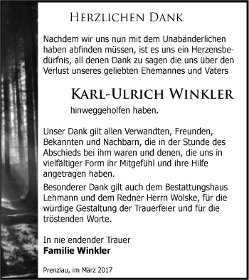 Traueranzeige von Karl-Ulrich Winkler von Prenzlauer Zeitung