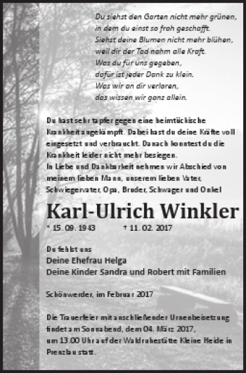 Traueranzeige von Karl-Ulrich Winkler von Prenzlauer Zeitung