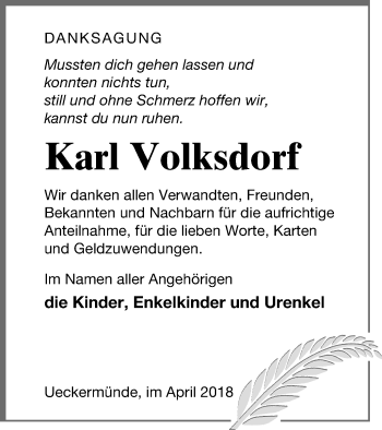 Traueranzeige von Karl Volksdorf von Haff-Zeitung