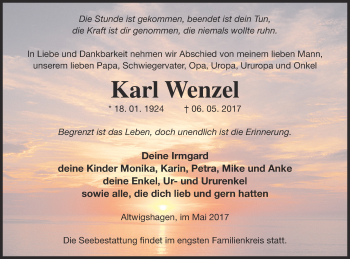 Traueranzeige von Karl Wenzel von Haff-Zeitung