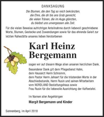 Traueranzeige von Karl Heinz Bergemann von Pasewalker Zeitung