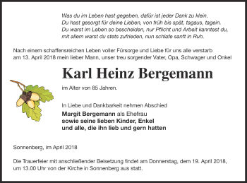 Traueranzeige von Karl Heinz Bergemann von Pasewalker Zeitung