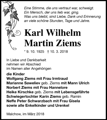 Traueranzeige von Karl Wilhelm Martin Ziems von Müritz-Zeitung