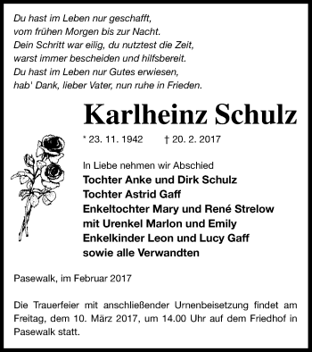 Traueranzeige von Karlheinz Schulz von Pasewalker Zeitung