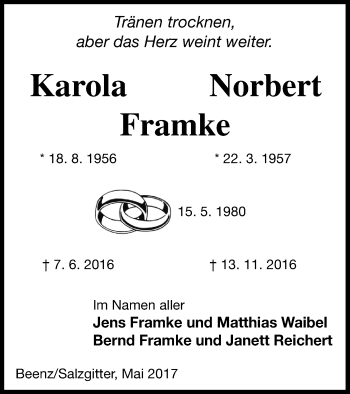 Traueranzeige von Karola Framke von Prenzlauer Zeitung