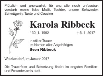 Traueranzeige von Karola Ribbeck von Strelitzer Zeitung