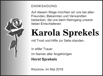 Traueranzeige von Karola Sprekels von Mecklenburger Schweiz