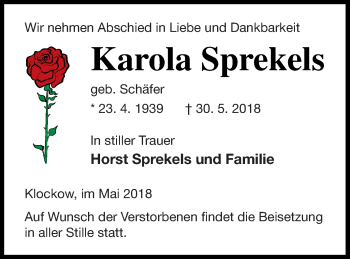 Traueranzeige von Karola Sprekels von Mecklenburger Schweiz