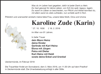 Traueranzeige von Karoline Zude von Haff-Zeitung