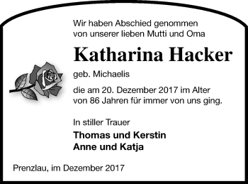 Traueranzeige von Katharina Hacker von Prenzlauer Zeitung