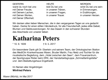 Traueranzeige von Katharina Peters von Mecklenburger Schweiz