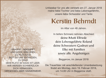 Traueranzeige von Kerstin Behrndt von Demminer Zeitung