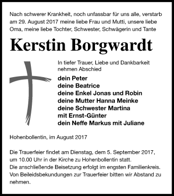 Traueranzeige von Kerstin Borgwardt von Demminer Zeitung