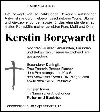 Traueranzeige von Kerstin Borgwardt von Demminer Zeitung