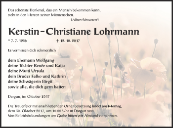 Traueranzeige von Kerstin-Christiane Lohrmann von Mecklenburger Schweiz