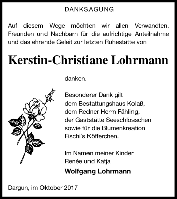 Traueranzeige von Kerstin-Christiane Lohrmann von Mecklenburger Schweiz