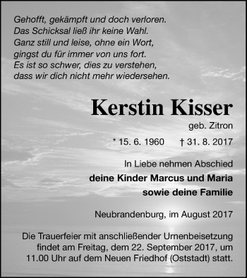 Traueranzeige von Kerstin Kisser von Neubrandenburger Zeitung