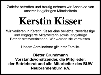 Traueranzeige von Kerstin Kisser von Neubrandenburger Zeitung