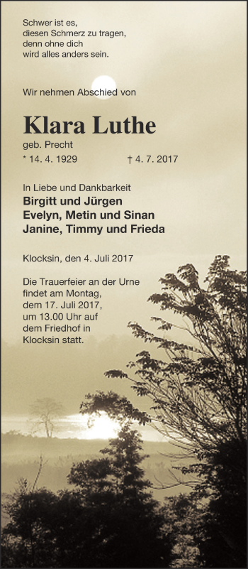 Traueranzeige von Klara Luthe von Müritz-Zeitung