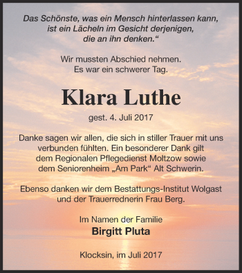 Traueranzeige von Klara Luthe von Müritz-Zeitung