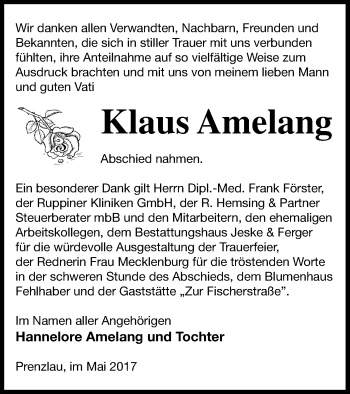 Traueranzeige von Klaus Amelang von Prenzlauer Zeitung