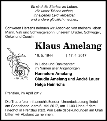 Traueranzeige von Klaus Amelang von Prenzlauer Zeitung