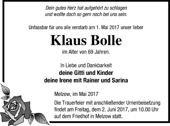 Traueranzeige von Klaus Bolle von Prenzlauer Zeitung