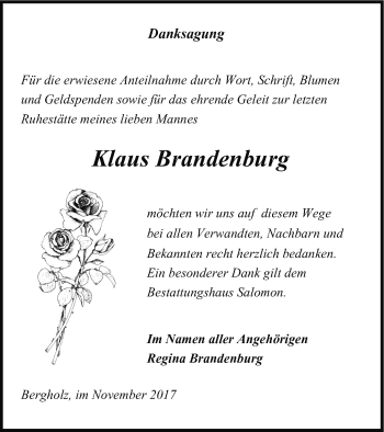 Traueranzeige von Klaus Brandenburg von Pasewalker Zeitung