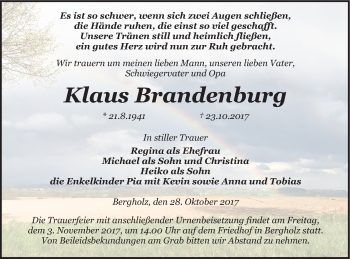 Traueranzeige von Klaus Brandenburg von Pasewalker Zeitung