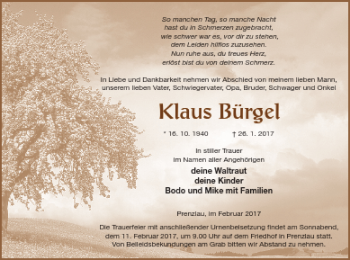 Traueranzeige von Klaus Bürgel von Prenzlauer Zeitung