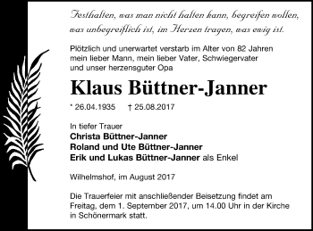 Traueranzeige von Klaus Büttner-Janner von Prenzlauer Zeitung