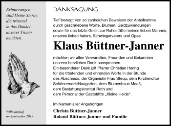 Traueranzeige von Klaus Büttner-Janner von Prenzlauer Zeitung