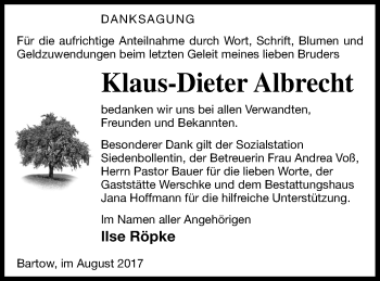 Traueranzeige von Klaus-Dieter Albrecht von Neubrandenburger Zeitung