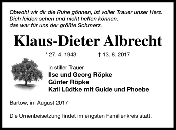 Traueranzeige von Klaus-Dieter Albrecht von Neubrandenburger Zeitung