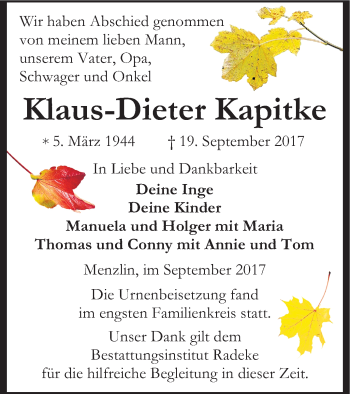 Traueranzeige von Klaus-Dieter Kapitke von Vorpommern Kurier