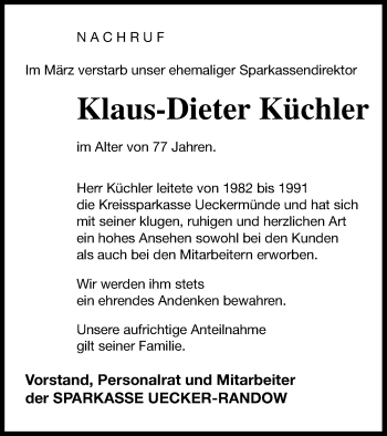 Traueranzeige von Klaus-Dieter Küchler von Haff-Zeitung