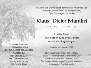 Traueranzeige von Klaus-Dieter Manthei von Demminer Zeitung