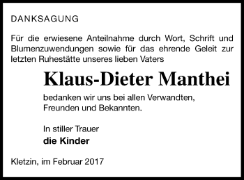 Traueranzeige von Klaus-Dieter Manthei von Demminer Zeitung