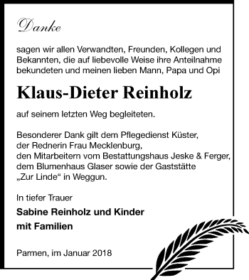 Traueranzeige von Klaus-Dieter Reinholz von Prenzlauer Zeitung