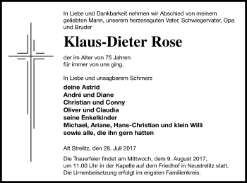 Traueranzeige von Klaus-Dieter Rose von Strelitzer Zeitung