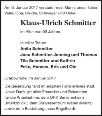 Traueranzeige von Klaus-Dieter Schmitter von Müritz-Zeitung