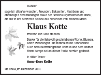Traueranzeige von Klaus Kotte von Müritz-Zeitung