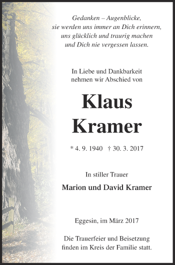 Traueranzeige von Klaus Kramer von Haff-Zeitung